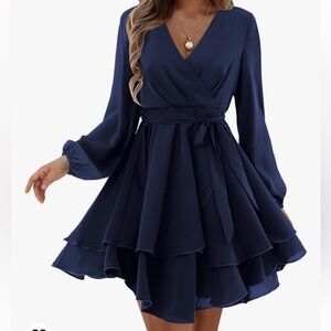 Amoretu Long Sleeve Casual V Neck Ruffle Mini Dress